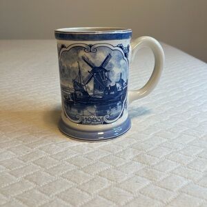 Delft Blue and White Ceramic Mug, windmill and floral design, 1983 vintage